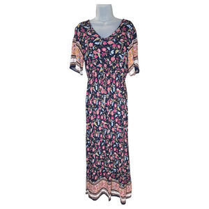 PRETTYGARDEN Wom Med Navy Floral Short Sleeve Maxi Dress Spring Summer Boho Chic